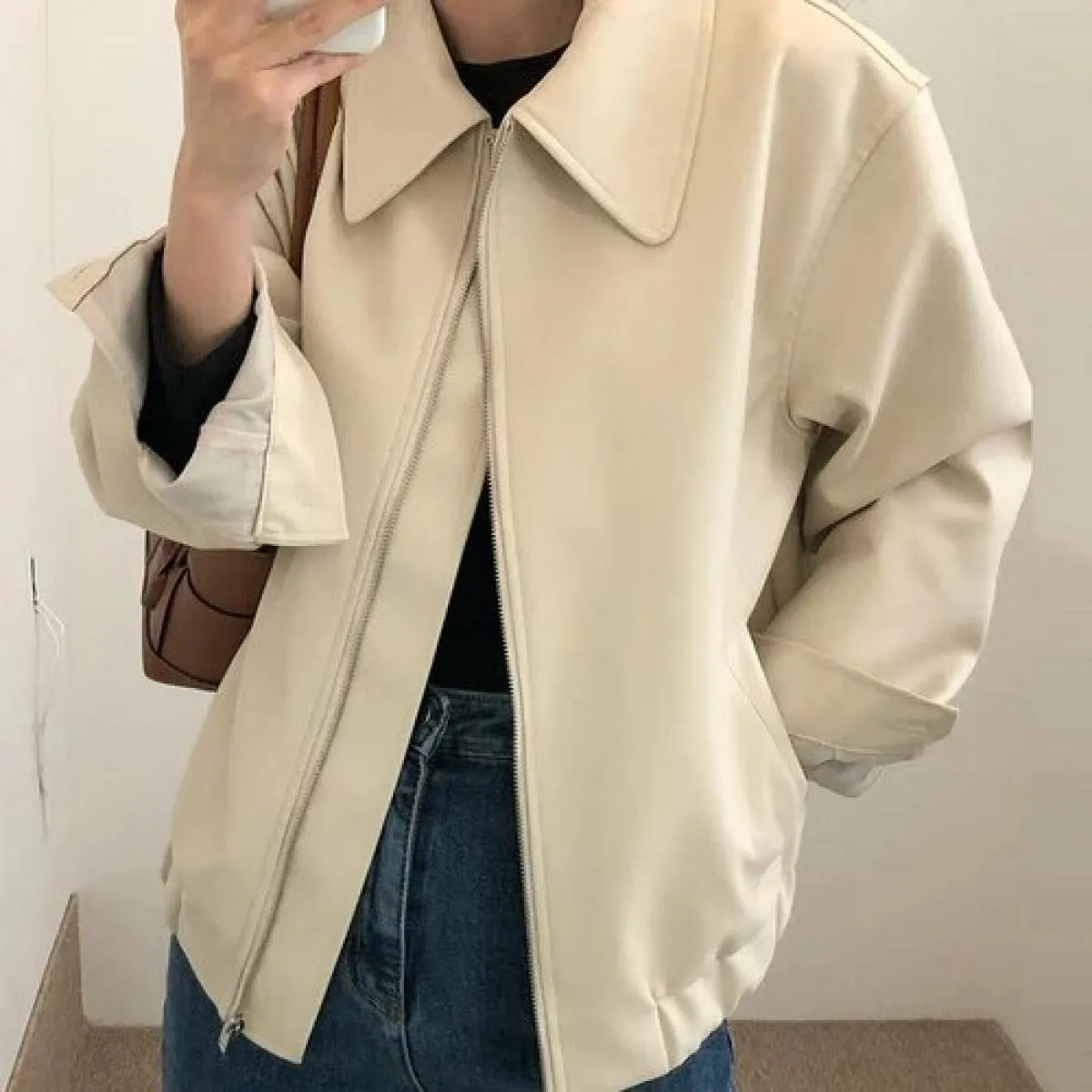 Chic Autunno Personalità Bello Risvolto Design con Cerniera Allentato Casual Manica Lunga Giacca da Moto Cappotto in Pelle da Do