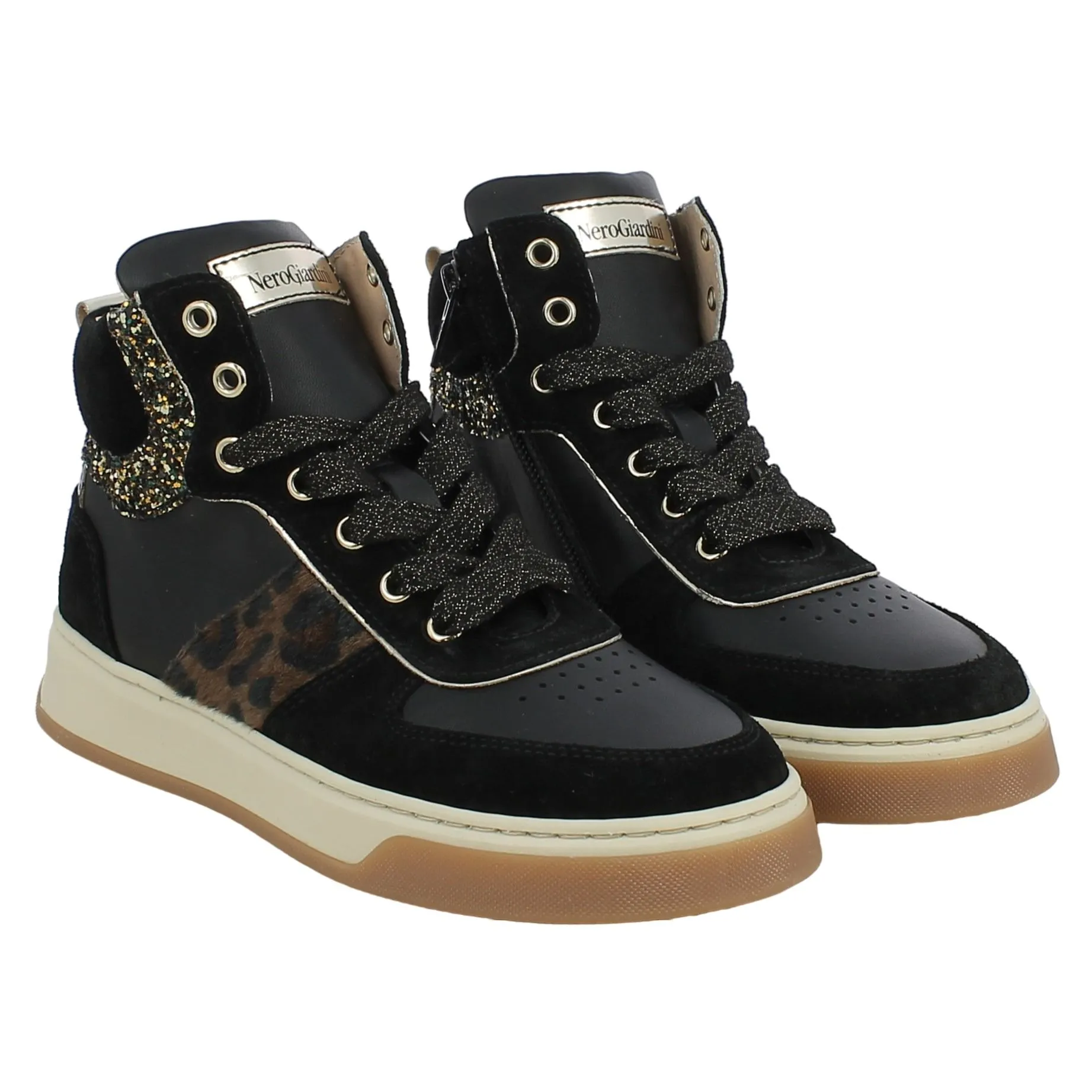 NeroGiardini  Sneaker alta con fascia animalier e glitter 