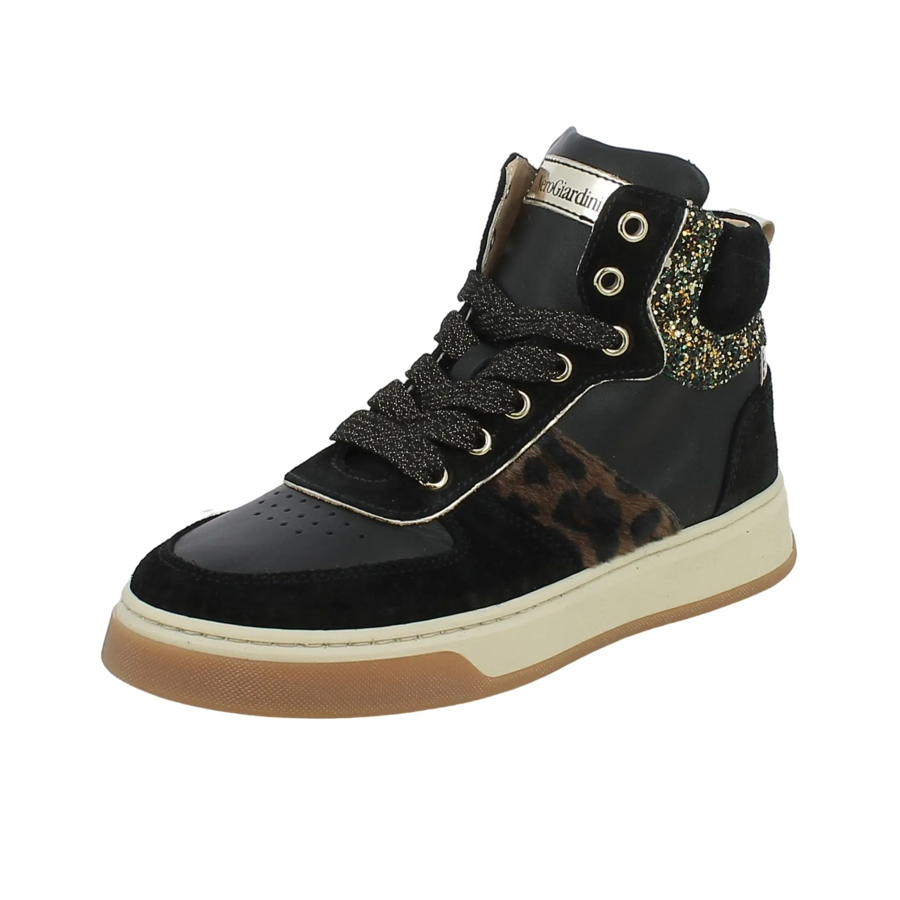 NeroGiardini  Sneaker alta con fascia animalier e glitter 