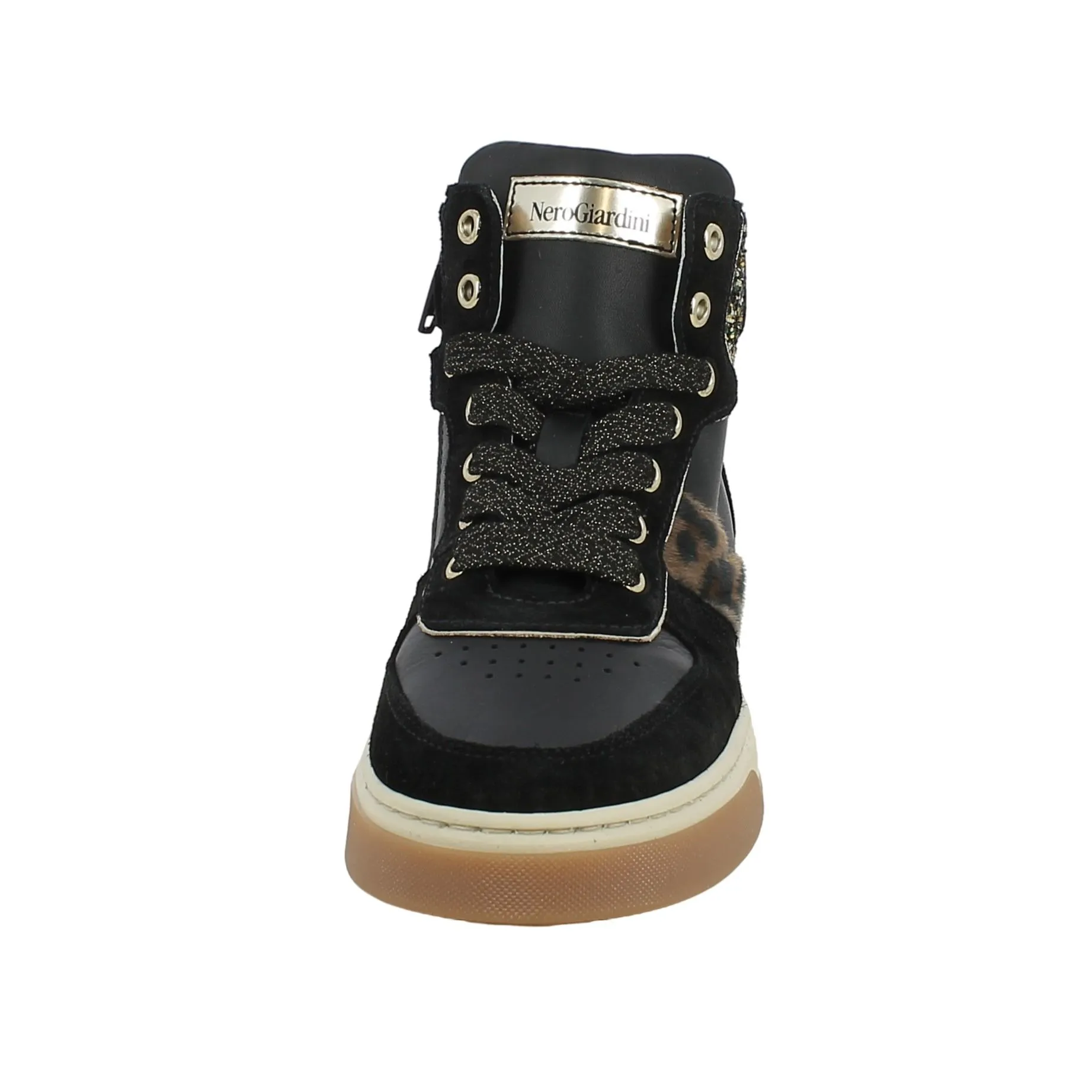 NeroGiardini  Sneaker alta con fascia animalier e glitter 