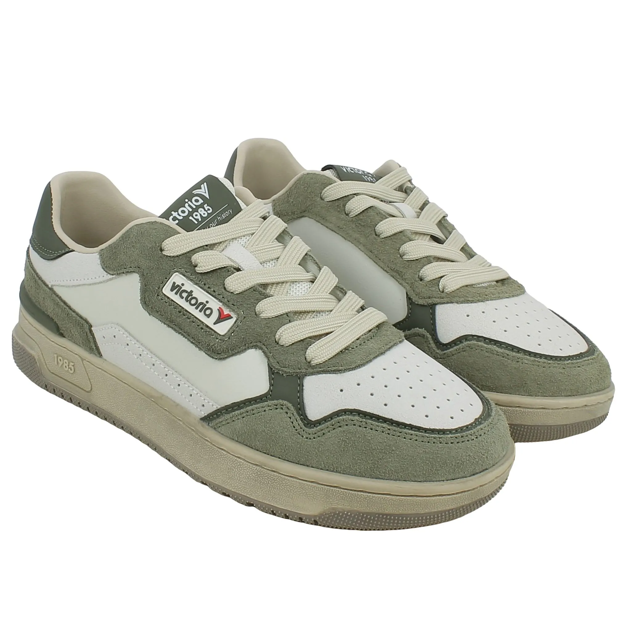 Victoria  Sneaker in Pelle Bianca e Kaki con Lacci 