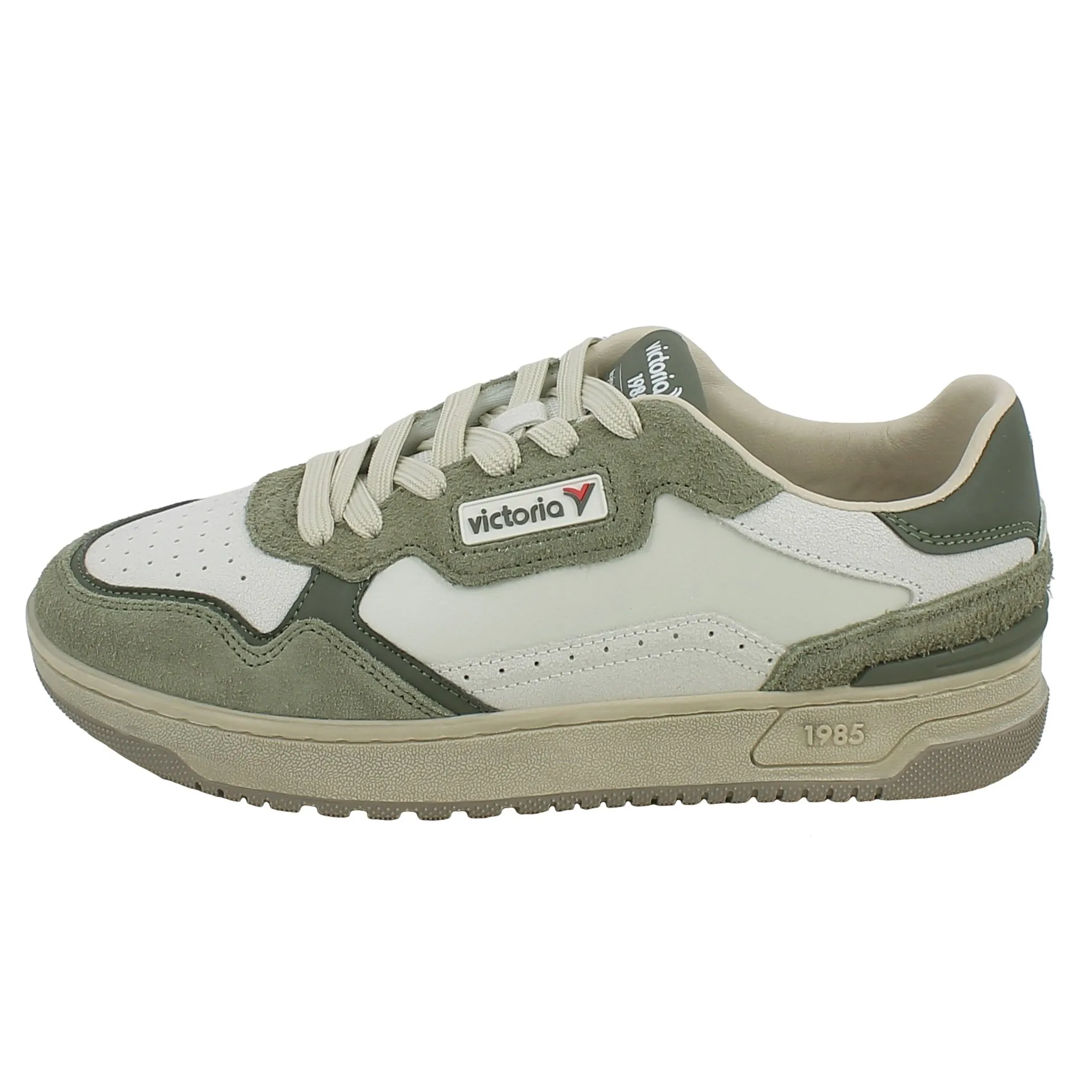 Victoria  Sneaker in Pelle Bianca e Kaki con Lacci 