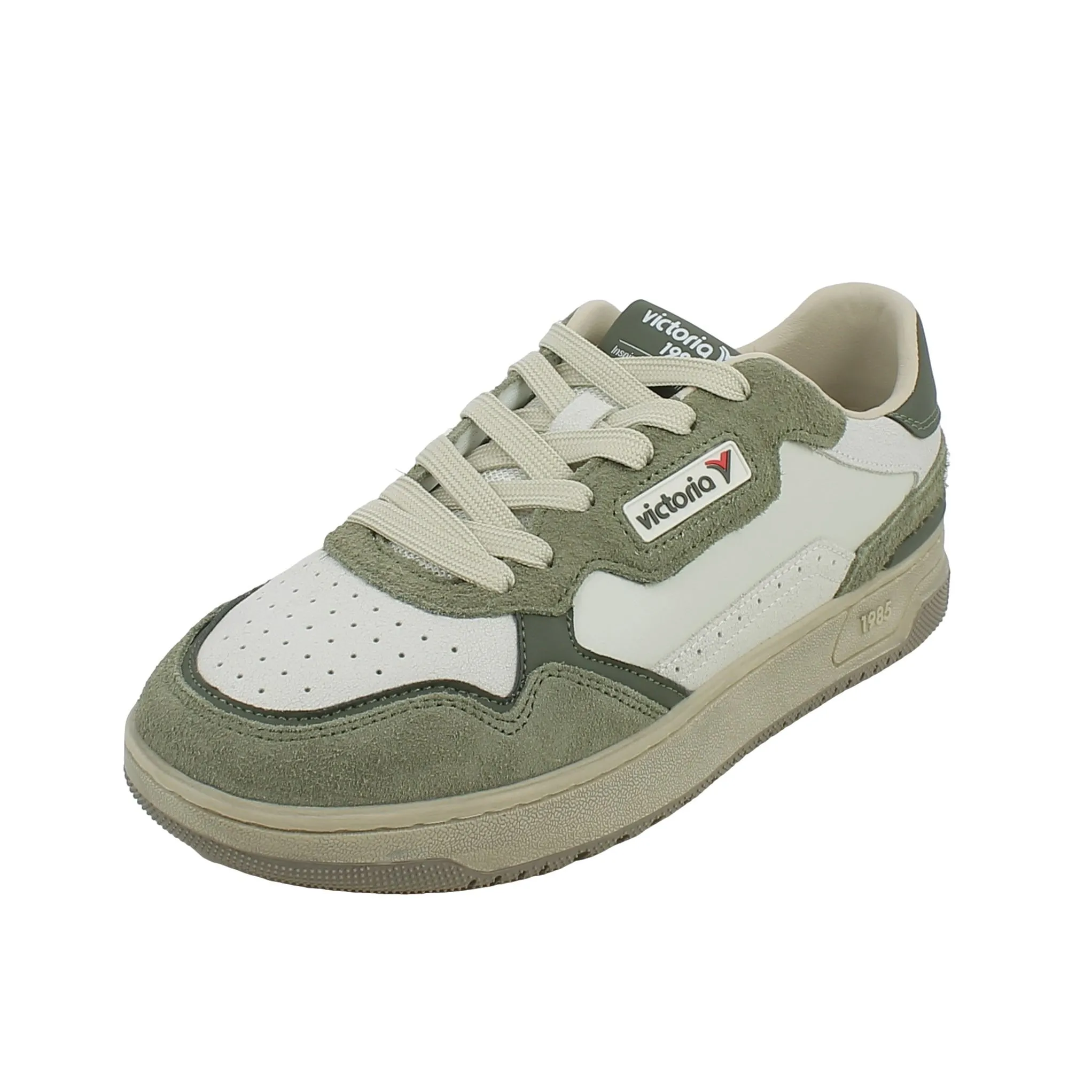 Victoria  Sneaker in Pelle Bianca e Kaki con Lacci 
