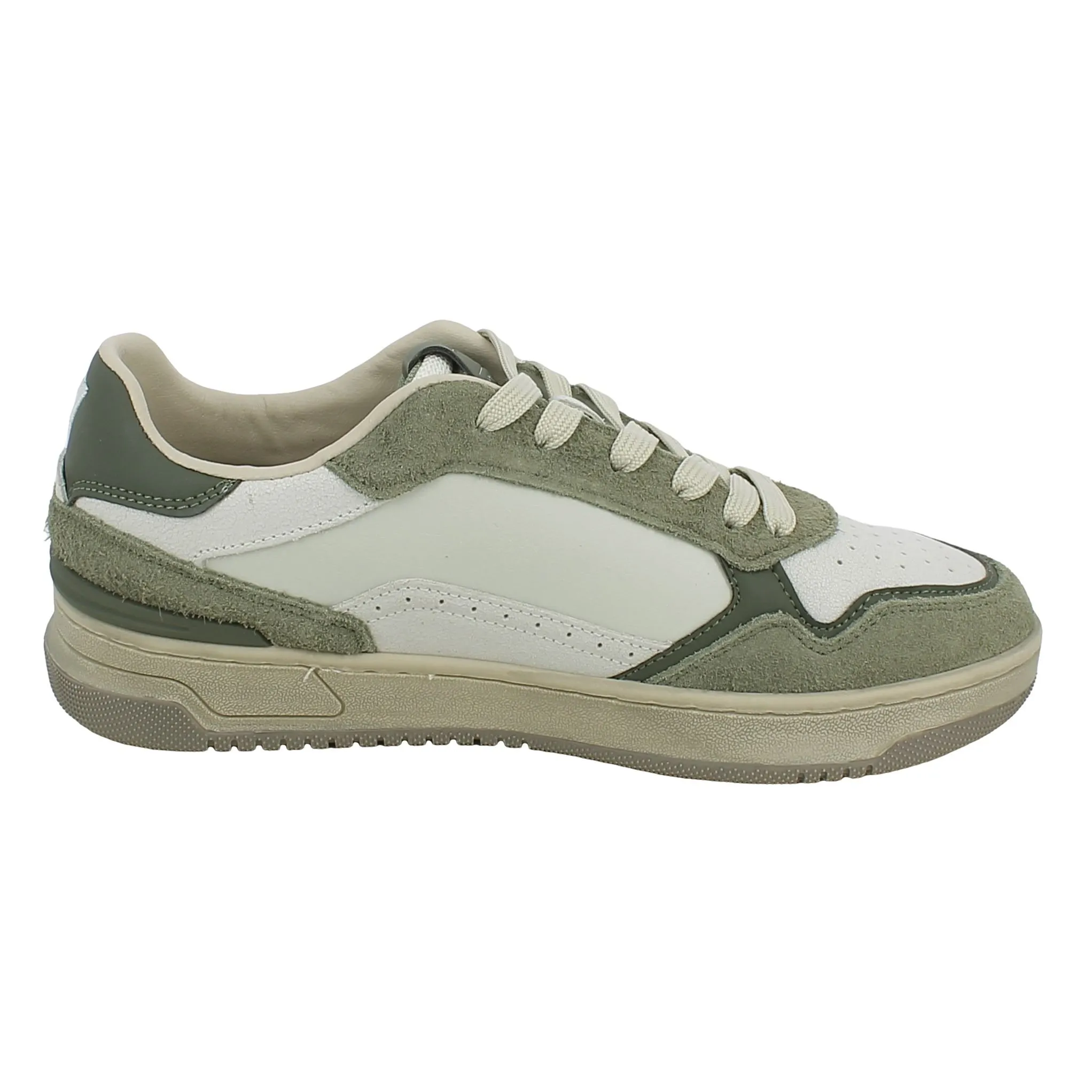 Victoria  Sneaker in Pelle Bianca e Kaki con Lacci 